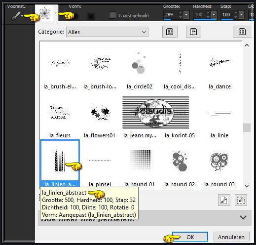 Activeer het "Penseelgereedschap" en zoek de Brushe "la_linien_abstract" met deze instellingen