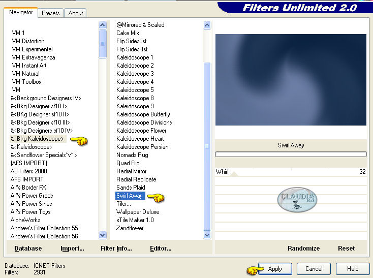 Instellingen filter Filters Unlimited 2.0 - Bkg Kaleidoscope - Swirl Away