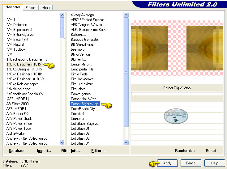 Instellingen filter Filters Unlimited 2.0 - Bkg Designer sf10 I - Corner Right Wrap