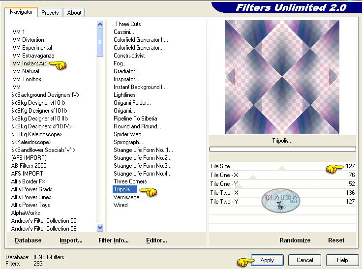 Instellingen filter Filters Unlimited 2.0 - VM Instant Art - Tripolis