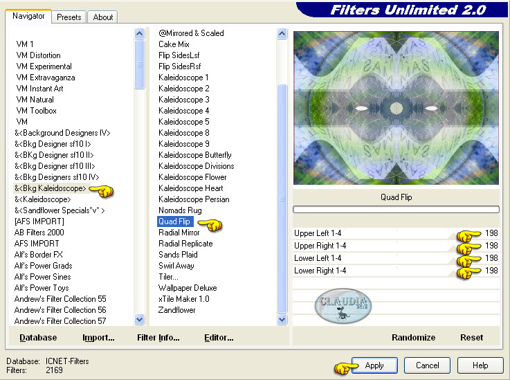Instellingen filter Filters Unlimited 2.0 - Quad Flip
