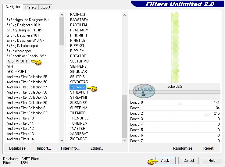 Instellingen filter [AFS IMPORT] - sqborder2
