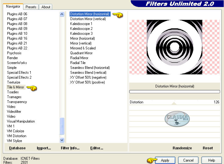 Instellingen filter Filters Unlimited 2.0 - Tile & Mirror - Distortion Mirror (horizontal)