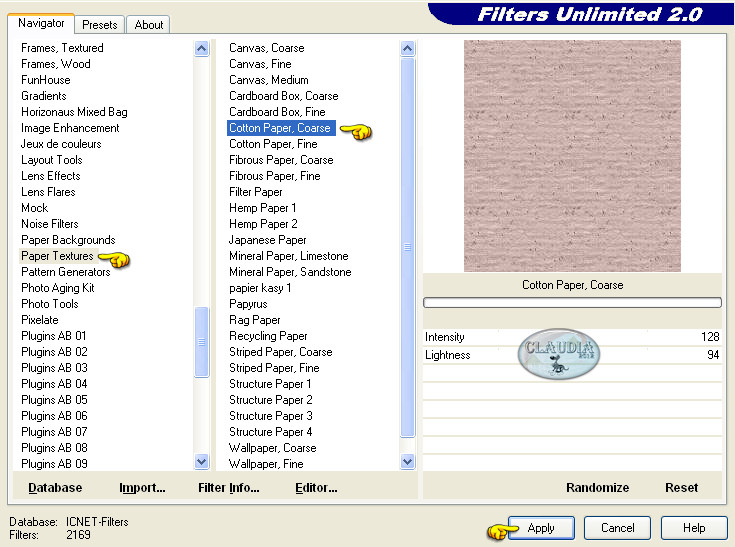 Instellingen filter Filters Unlimited 2.0 - Textures - Cotton Paper, Coarse