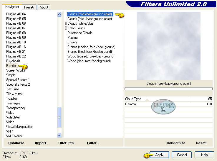 Instellingen filter Filters Unlimited 2.0 - Render - Clouds (fore-/background color) 
