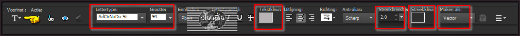 Activeer het Tekstgereedschap en zoek het meegeleverde font "AdOrNaDa St" met deze instellingen