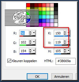 Ga naar het Kleurenpallet en klik met de muis in de Achtergrondkleur en noteer de getallen naast de letters K en V 