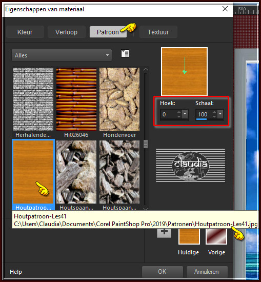 Zoek het Patroon "Houtpatroon-Les41" met deze instellingen