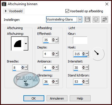 Effecten - 3D-Effecten - Afschuining binnen : Voorinstelling Glans