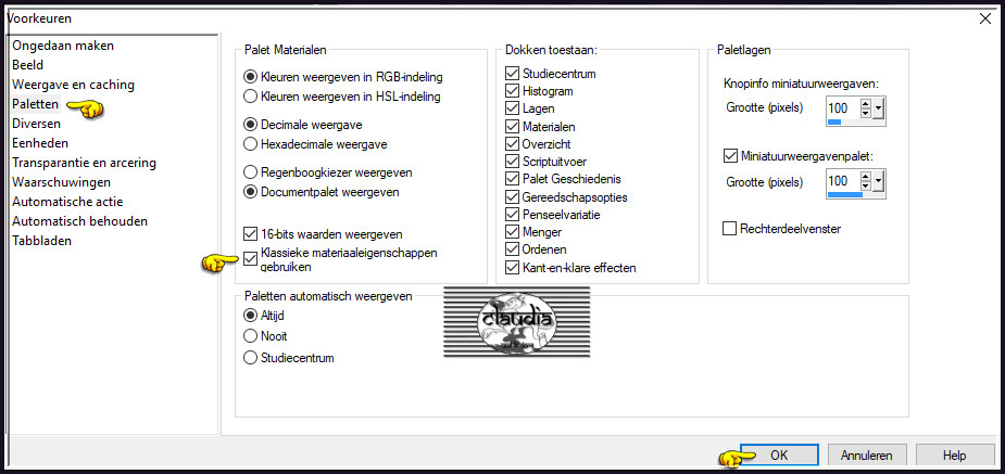 Links in het venster klik je op "Paletten" en daarna vink je de optie "Klassieke materialeneigenschappen gebruiken"