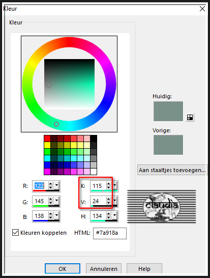 Ga naar het Kleurenpallet en klik met de muis in de Achtergrondkleur en noteer de getallen bij K en V