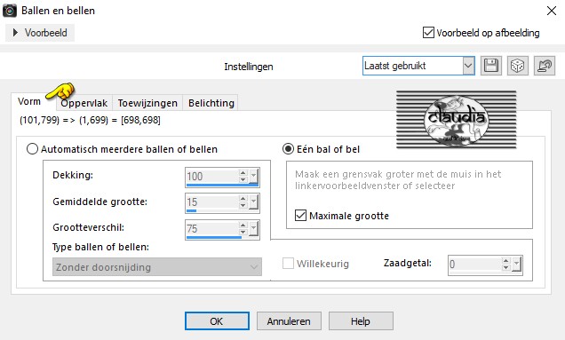 Effecten - Artistieke effecten - Ballen en Bellen : Tabblad "Vorm"