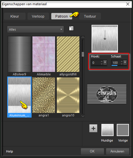 Zoek het Patroon "Aluminium_Jemma_Patroon" met deze instellingen