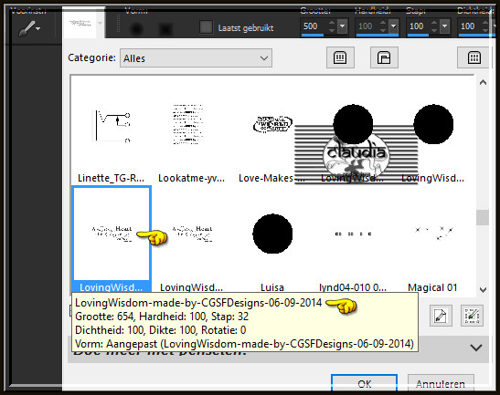 Zoek de Brushe "LovingWisdom-WordArt-made-by-CGSFDesigns-06-09-2014" met deze instellingen