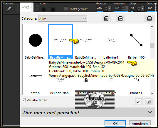 Zoek nu de Brushe "BabyBeMine-WordArt-made-by-CGSFDesigns-06-09-2014" met deze instellingen