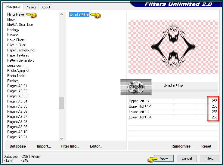 Effecten - Insteekfilters - <I.C.NET Software> - Filters Unlimited 2.0 - Mirror Rave - Quadrant Flip :