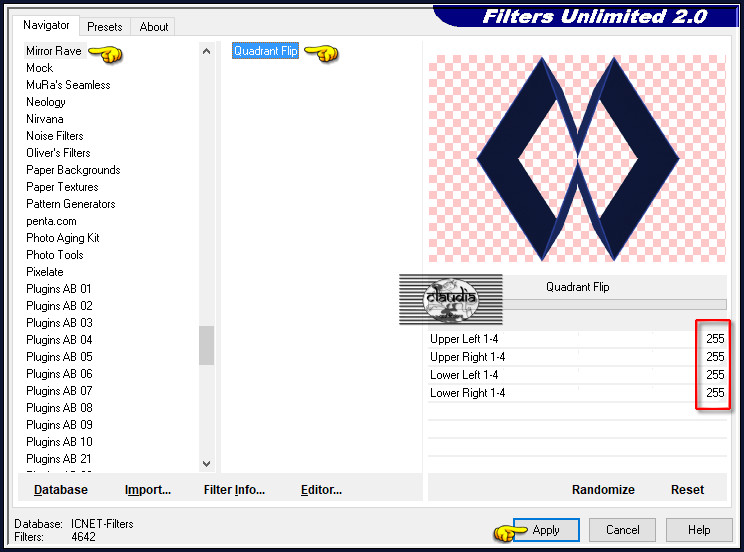 Effecten - Insteekfilters - <I.C.NET Software> - Filters Unlimited 2.0 - Mirror Rave - Quadrant Flip :