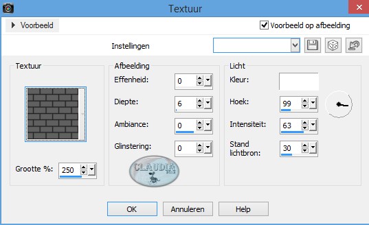 Instellingen Textuureffect - Textuur : Baksteen