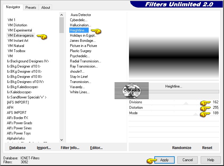 Instellingen filter VM Extravaganza - Heightline