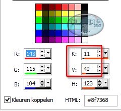 Noteer de getallen naast K en V (= Kleurtoon en verzadiging)