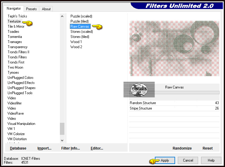 Effecten - Insteekfilters - <I.C.NET Software> - Filters Unlimited 2.0 - Texturize - Raw Canvas