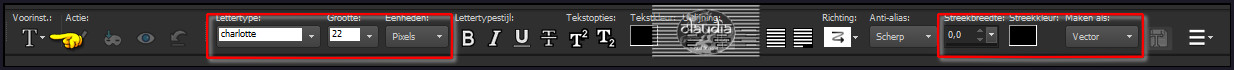 Activeer het "Tekstgereedschap" en zoek het font "charlotte" met deze instellingen