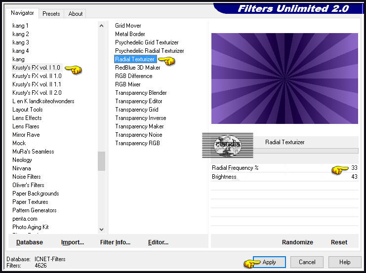 Effecten - Insteekfilters - <I.C.NET Software> - Filters Unlimited 2.0 - Krusty's FX vol. I 1.0 - Radial Texturizer : 