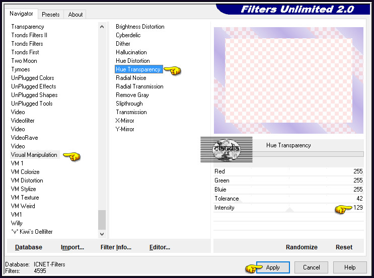 Effecten - Insteekfilters - <I.C.NET Software> - Filters Unlimited 2.0 - Visual Manipulation - Hue Transparency