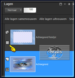 Zet de zichtbaarheid van de laag erboven (= Achtergrond Fotolijst) uit door op het oogje te klikken in het Lagenpallet 