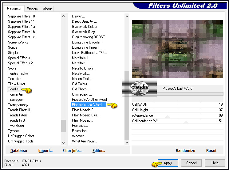 Effecten - Insteekfilters - <I.C.NET Software> - Filters Unlimited 2.0 - Toadies - Picasso's Last Word
