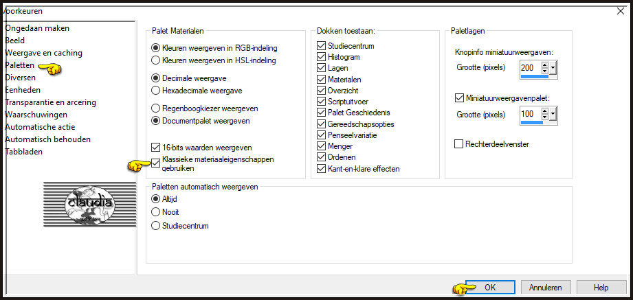 In de linkerkolom klik je "Paletten" aan en links vink je het vinkje aan bij "Klassieke materiaaleigenschappen gebruiken"