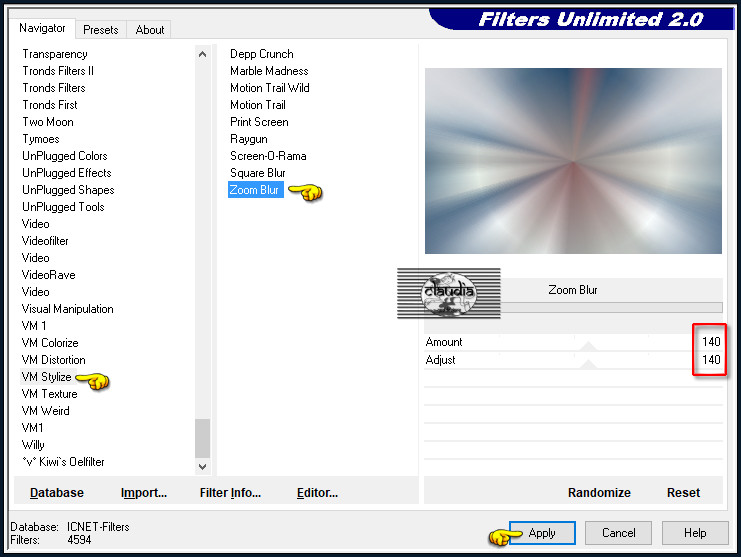 Effecten - Insteekfilters - <I.C.NET Software> - Filters Unlimited 2.0 - VM Stylize - Zoom Blur