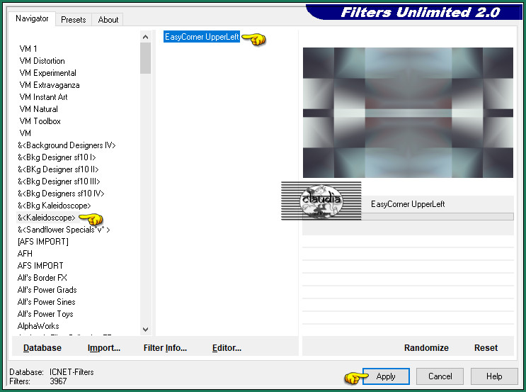 Effecten - Insteekfilters - <I.C.NET Software> - Filters Unlimited 2.0 - &<Kaleidoscope> - EasyCorner UpperLeft