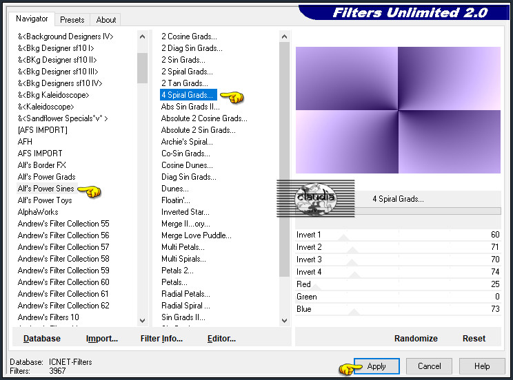 Effecten - Insteekfilters - <I.C.NET Software> - Filters Unlimited 2.0 - Alf's Power Sines - 4 Spiral Grads