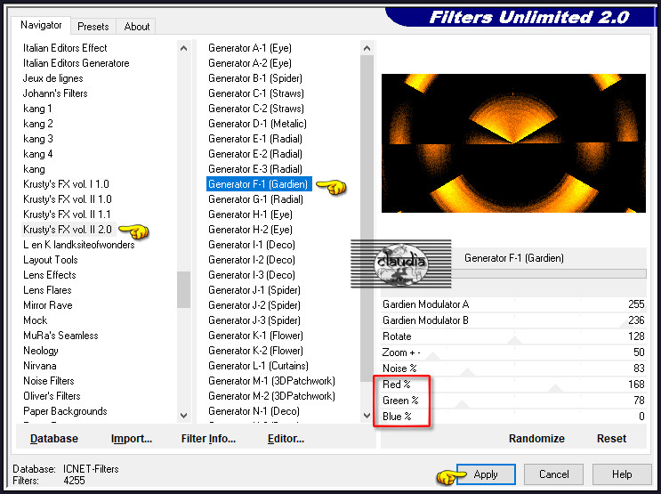 Effecten - Insteekfilters - <I.C.NET Software> - Filters Unlimited 2.0 - Krusty's Fx vol. II 2.0 - Generator F-1 (Gardien)