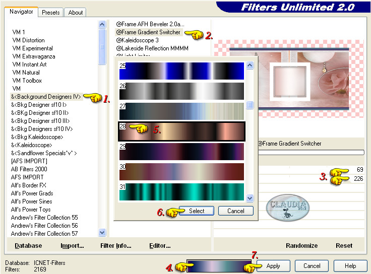 Instellingen filter Background Designers IV - Frame Gradient Switcher