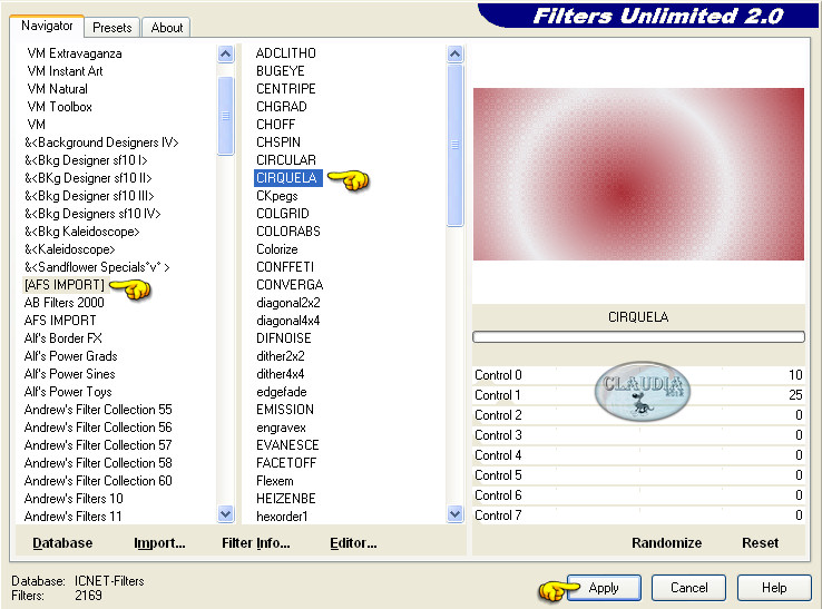 Instellingen filter AFS IMPORT - CIRQUELA