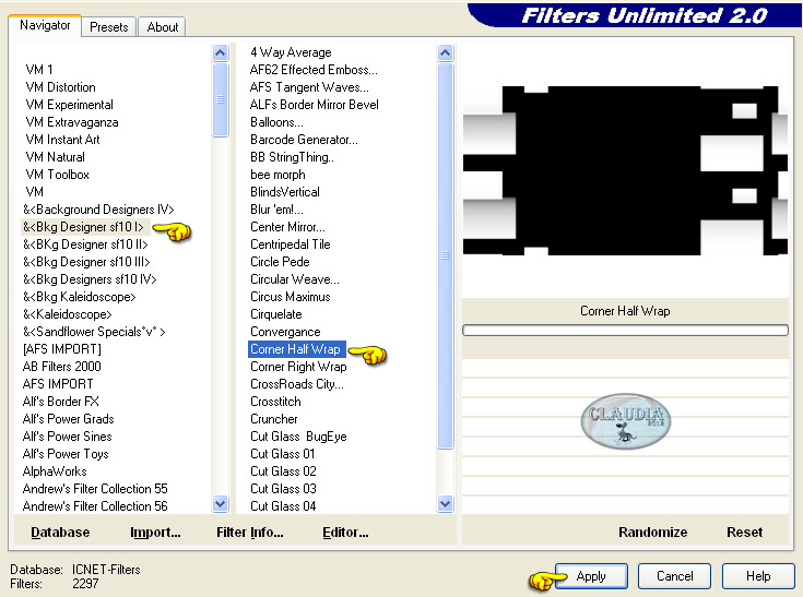 Instellingen filter Filters Unlimited 2.0 - Bkg Designer sf10 I - Corner Half Wrap