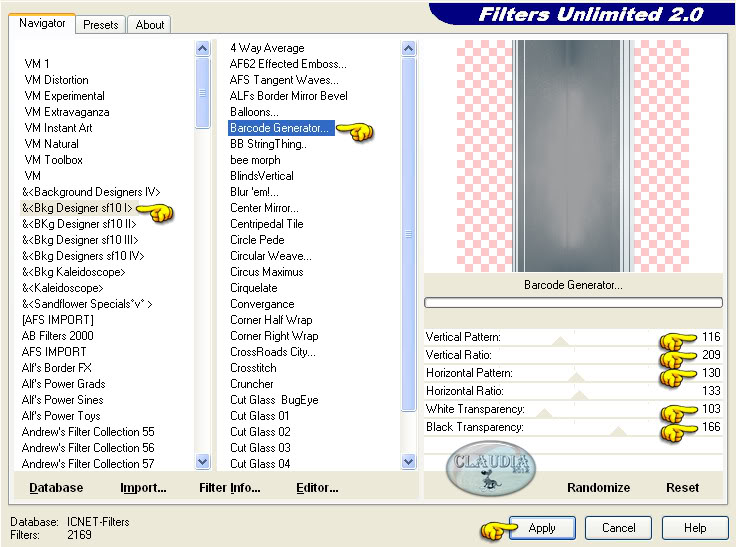 Instellingen filter Bkg Designer sf 10 I - Barcode Generator