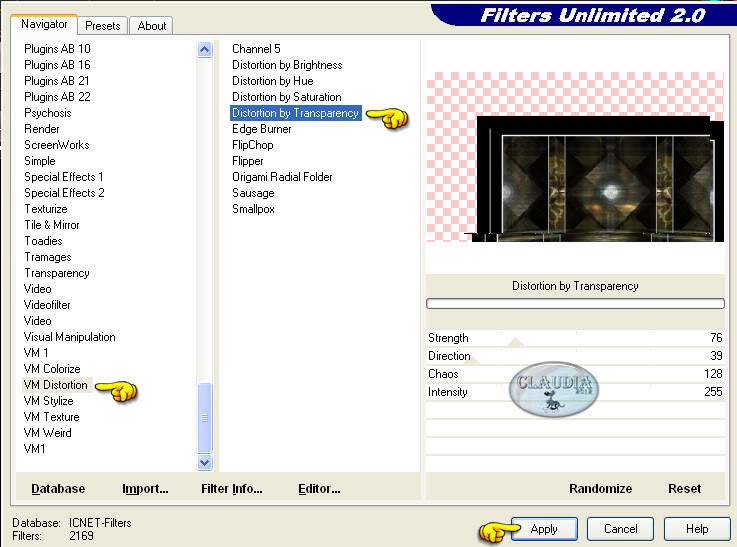 Instelllingen filter VM Distortion - Distortion by Transparency