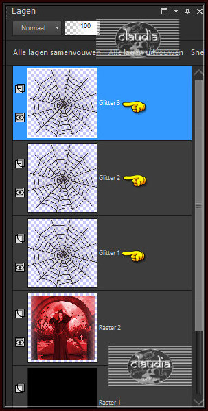 Lagen - Eigenschappen : hernoem deze lagen "Glitter1", Glitter2" en "Glitter3"