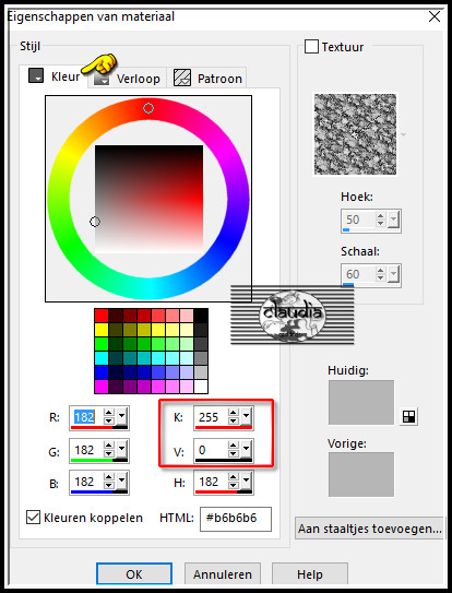 Ga naar het Kleurenpallet en klik met de muis in de Voor-of Achtergrondkleur en noteer de getallen bij K en V en klik op OK :