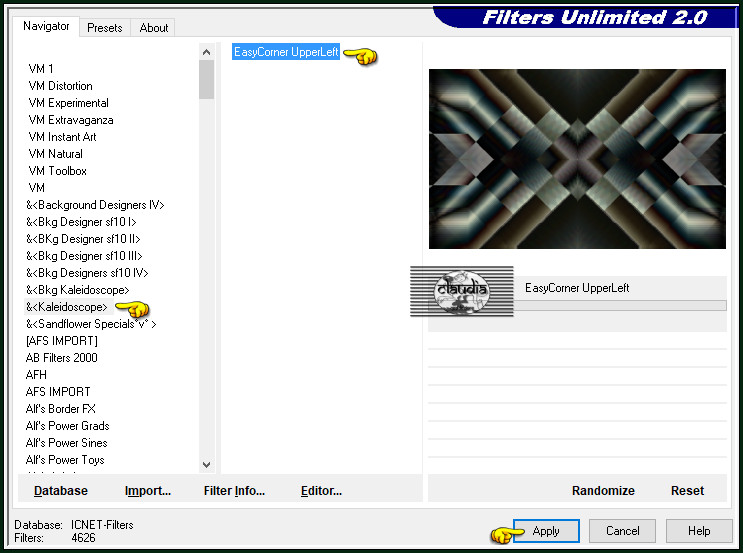 Effecten - Insteekfilters - <I.C.NET Software> - Filters Unlimited 2.0 - &<Kaleidoscope> - EasyCorner UpperLeft :
