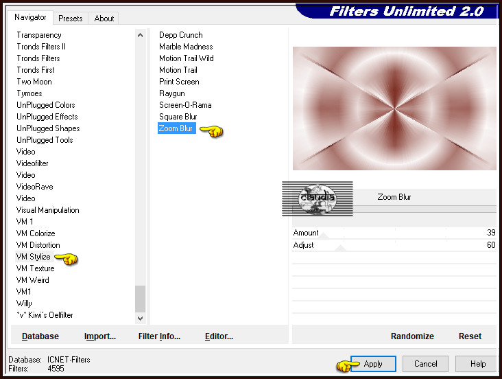 Effecten - Insteekfilters - <I.C.NET Software> - Filters Unlimited 2.0 - VM Stylize - Zoom Blur