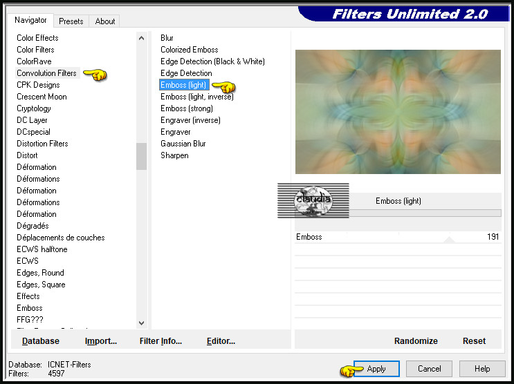 Effecten - Insteekfilters - <I.C.NET Software> - Filters Unlimited 2.0 - Convolution Filters - Emboss (light)  