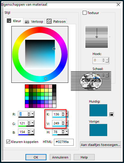 Ga naar het Kleurenpallet en klik met de muis in de Achtergrondkleur en noteer de getallen bij K en V en klik op OK