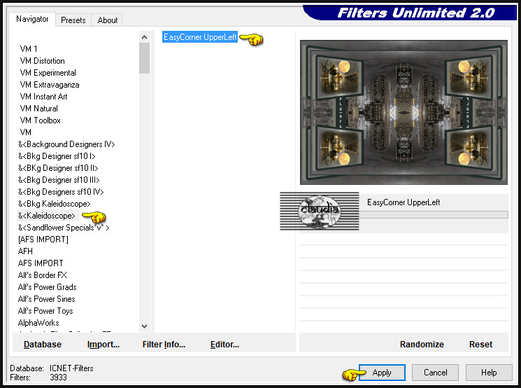 Effecten - Insteekfilters - <I.C.NET Software> - Filters Unlimited 2.0 - &<Kaleidoscope> - EasyCorner UpperLeft