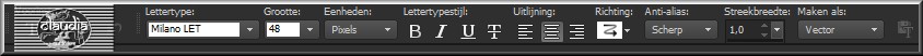 Activeer het Tekstgereedschap en zoek het font "Milano LET" met deze instellingen 