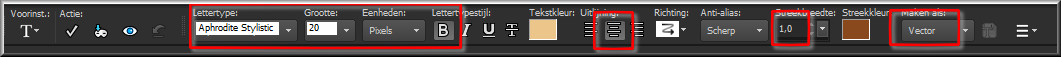 Activeer het Tekstgereedschap en zoek het font "Aphrodite Stylistic_0" met de volgende instellingen 