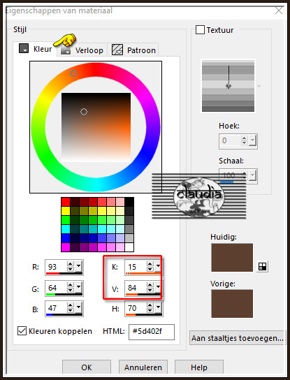 Ga naar het Kleurenpallet en klik met de muis in de Voor-of Achtergrondkleur en noteer de getallen bij K en V en klik op OK :